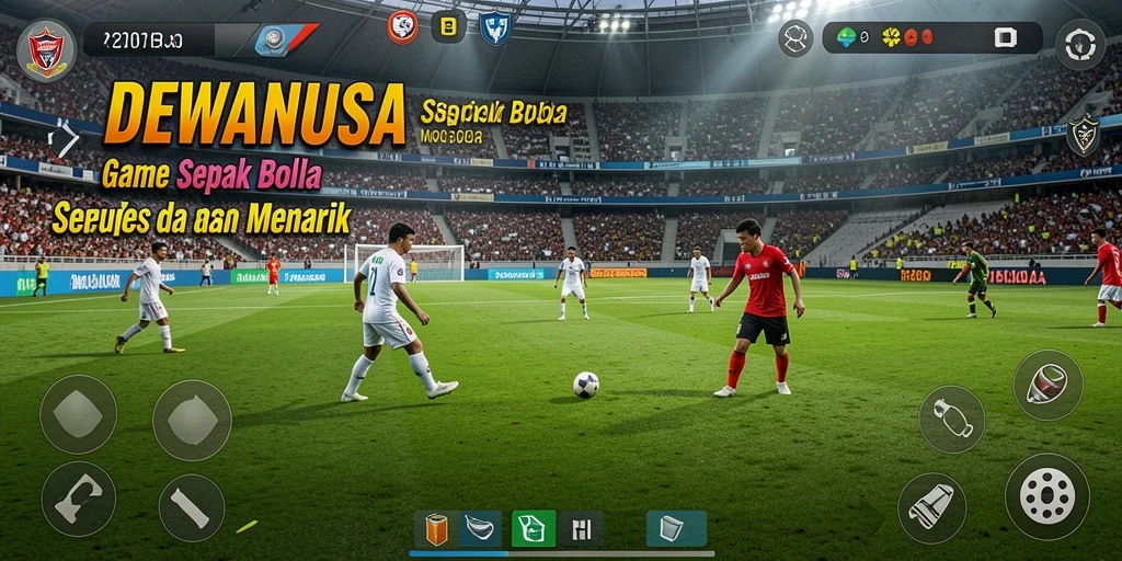 Tampilan antarmuka DEWANUSA dengan aksi sepak bola seru.