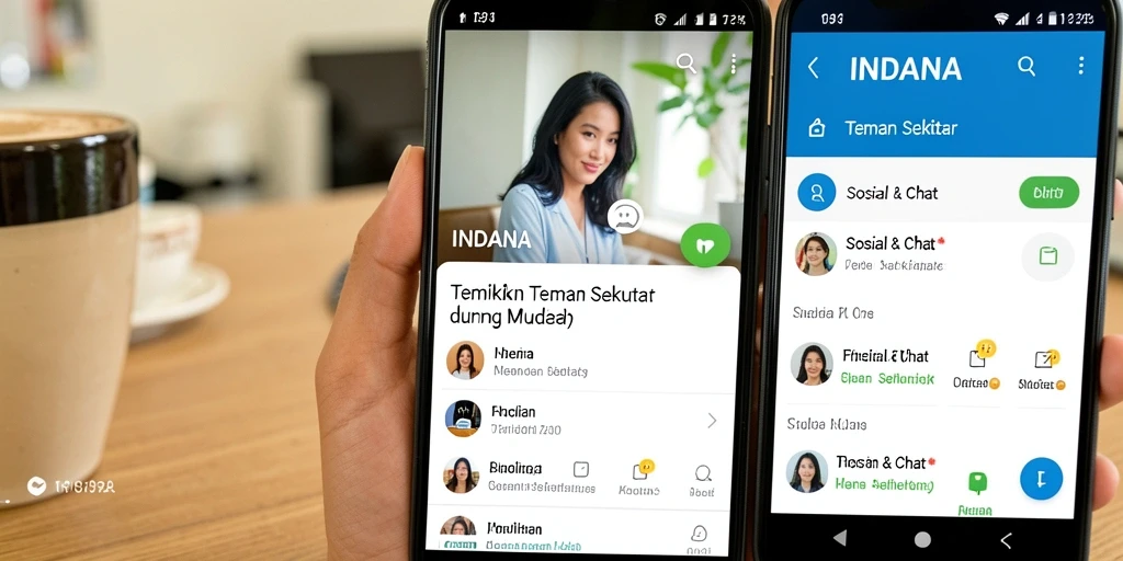 Tampilan antarmuka aplikasi INDAAA dengan fitur Teman Sekitar.