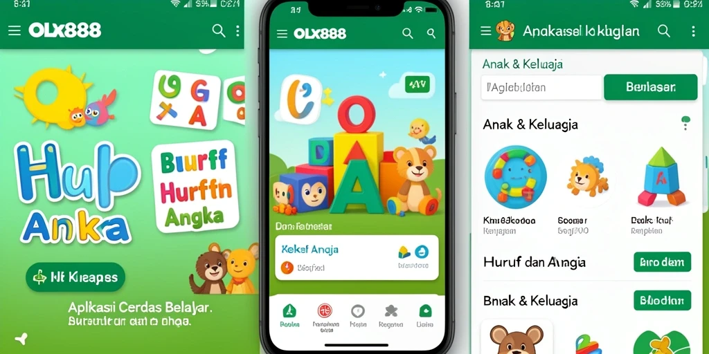 Screenshot antarmuka interaktif OLX888 untuk belajar huruf dan angka.